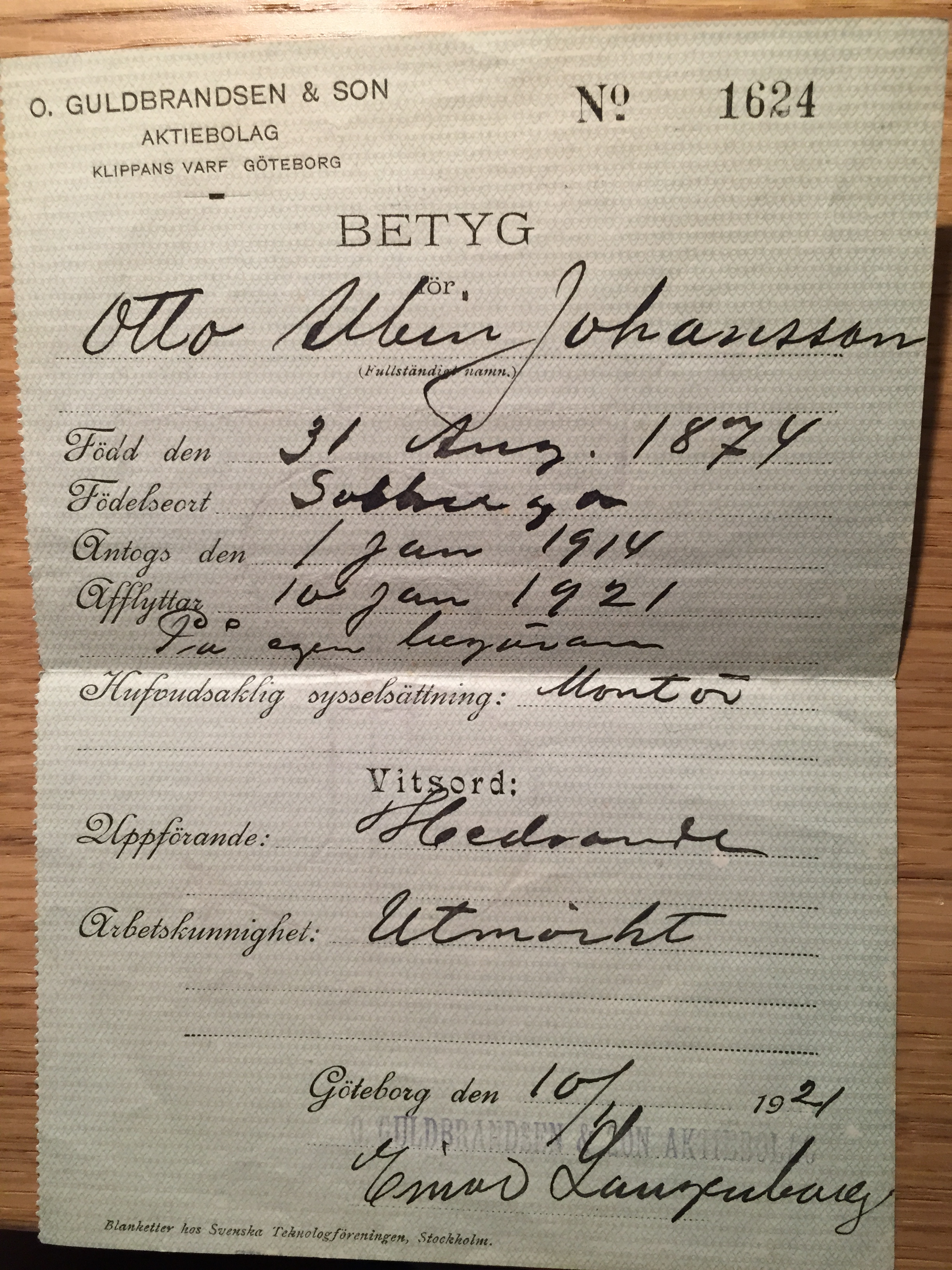 Betyg Guldbrandsen & Son Aktiebolag