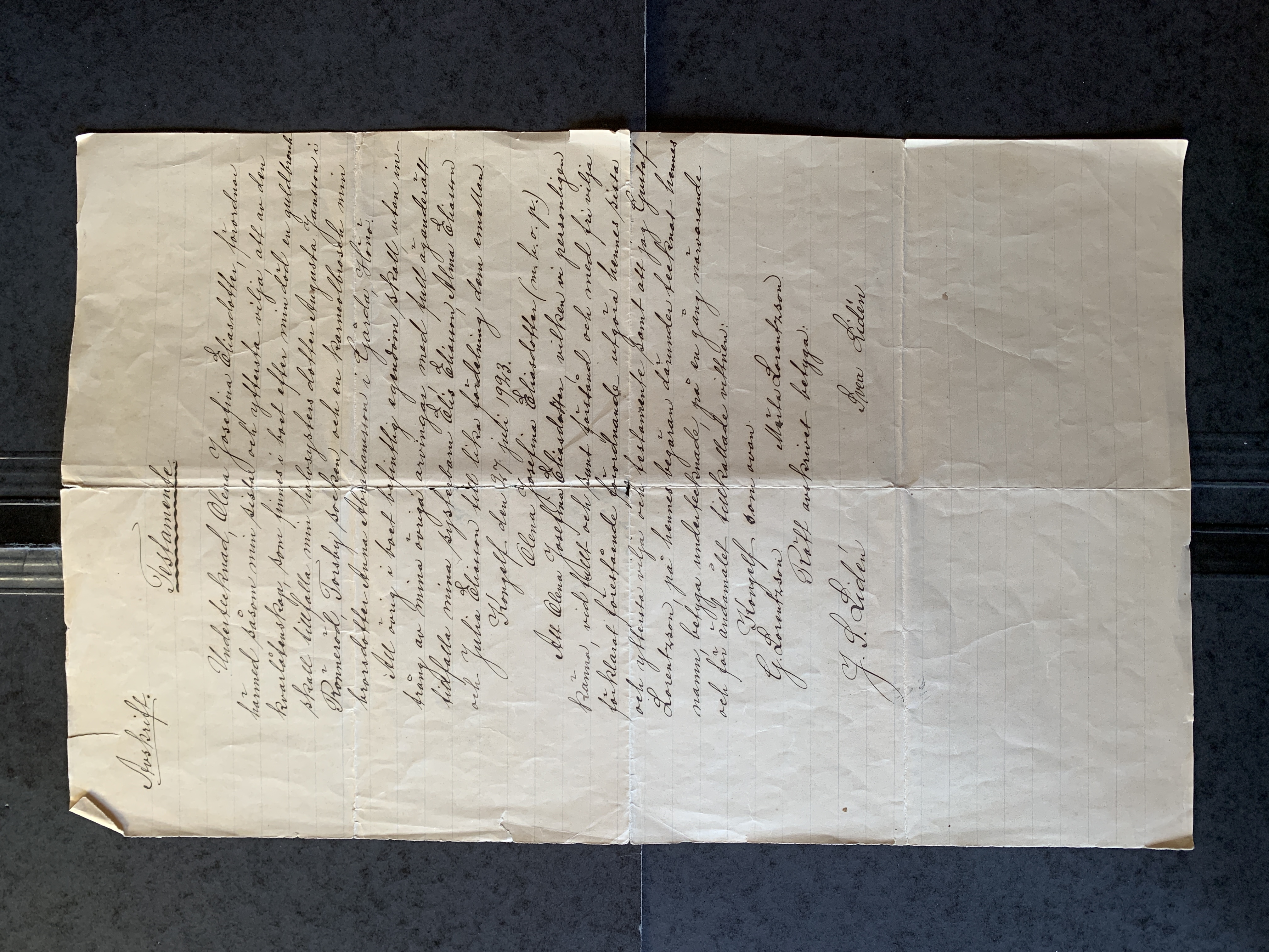 1923 Testamente Olena Josefina Eliasdotter