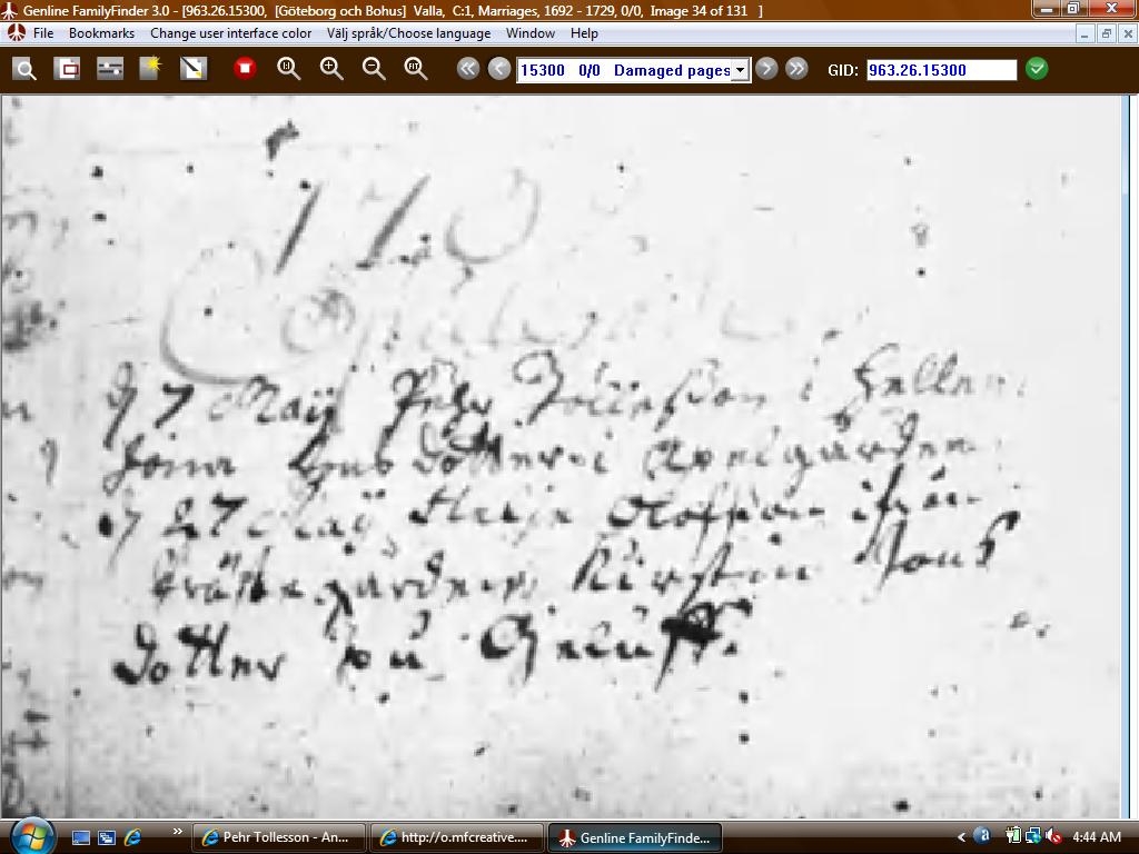 Pehr Tollesson and Jona Jonsdotter's Marriage Record